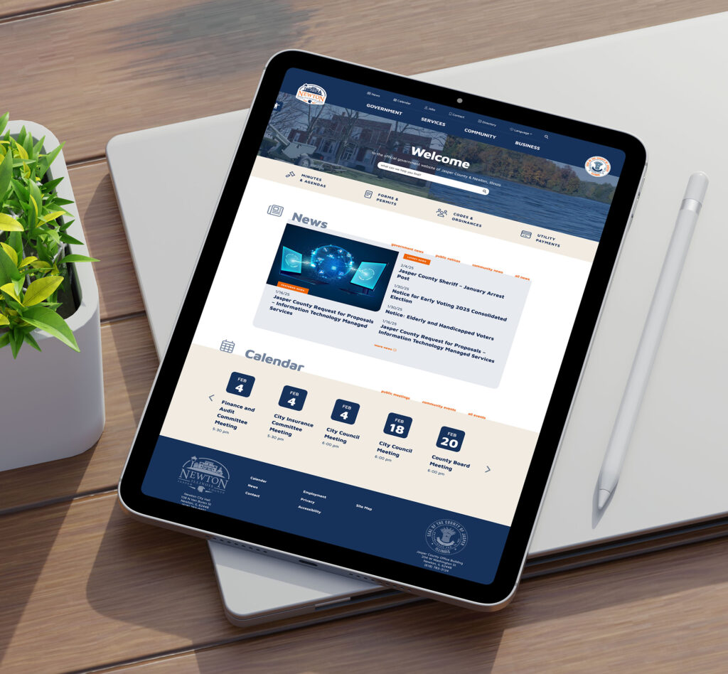 Image of Newton, Illinois, Jasper County website displayed on a tablet.
